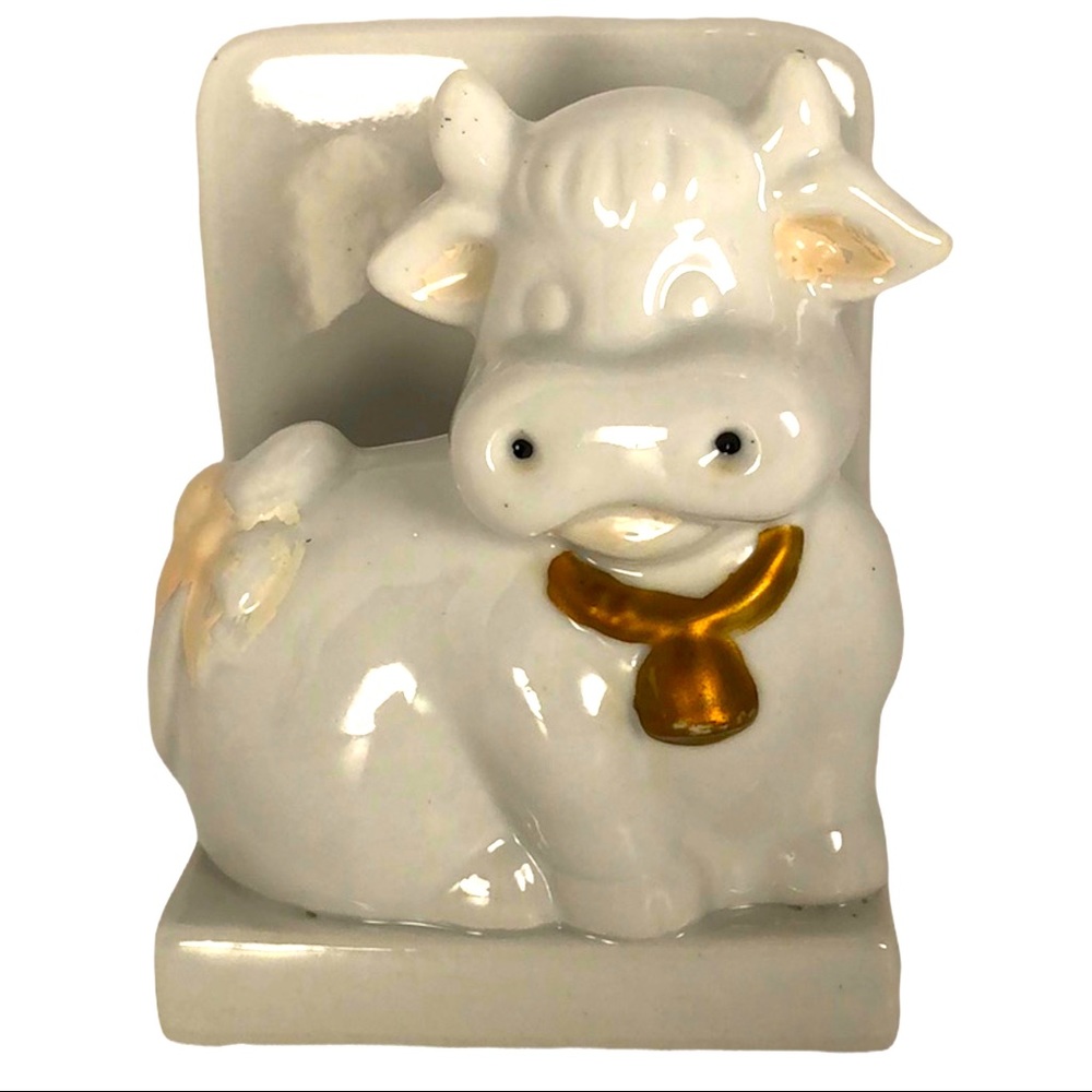 Ceramic Ivory Cow With Gold Bell Napkin Holder Cottagecore Country Farm Cute